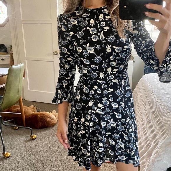 Reformation black blue floral long sleeve dress - Picture 4 of 5